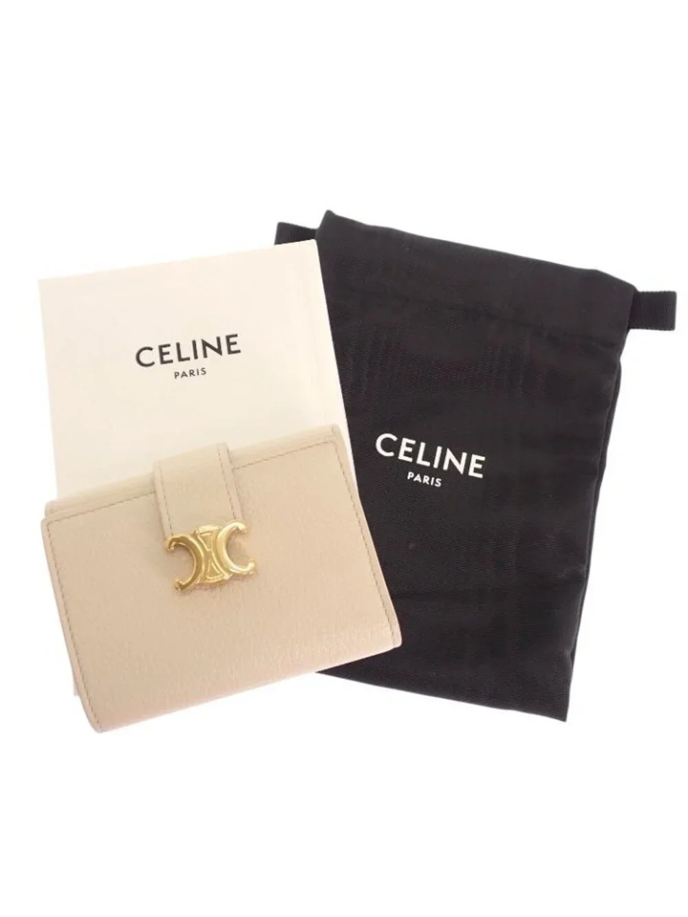 Celine Fine Strap Wallet Trifold Calfskin Beige Cream Triomphe Gold Included